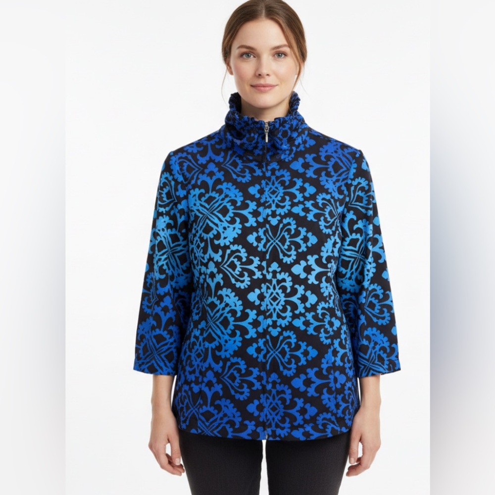 Zenergy Chico's Jacket Blue 1 / Small Printed Ombre Damask Travel 3/4 Sleeves